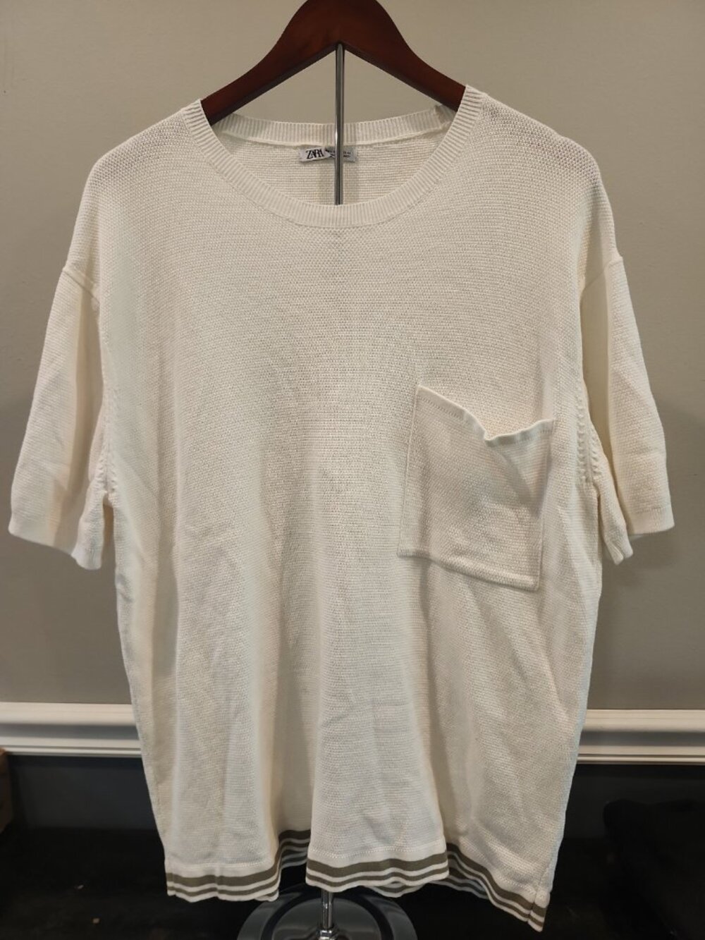 ZARA~Mens~Short Sleeve~Crochet~Sweater~Off-White~Contrasting Band~Pocket~Large